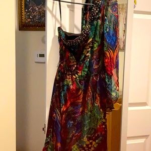 Bison bisou one shoulder peacock print dress